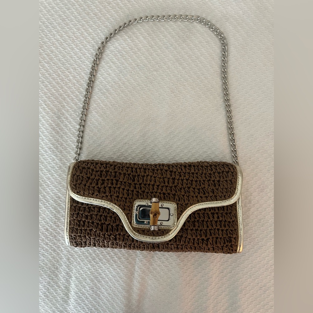 Straw Studios, Woven Rattan, Chain Strap, Bamboo Turn Lock Closure
